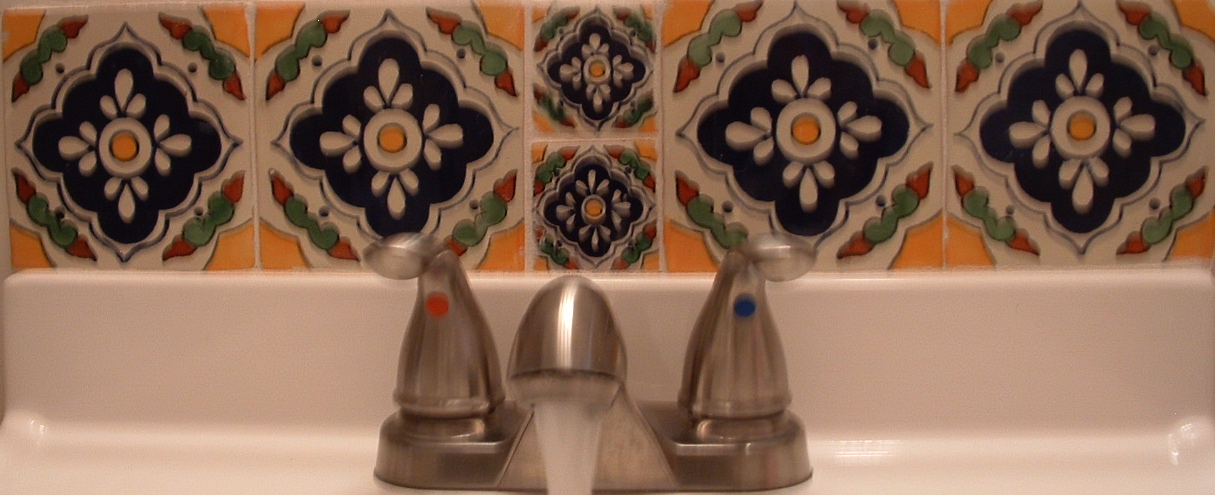 Close-up of bathroom tiles.